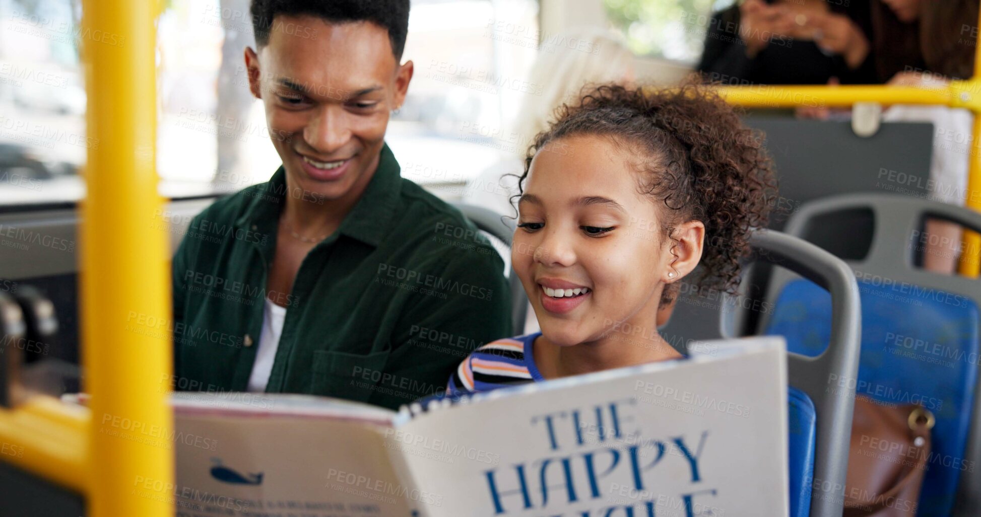 Buy stock photo Parent, child and travel with book on transport for ride entertainment, fiction storytelling or language development. Happy, man or girl on bus with fantasy novel, morning commute or bonding together