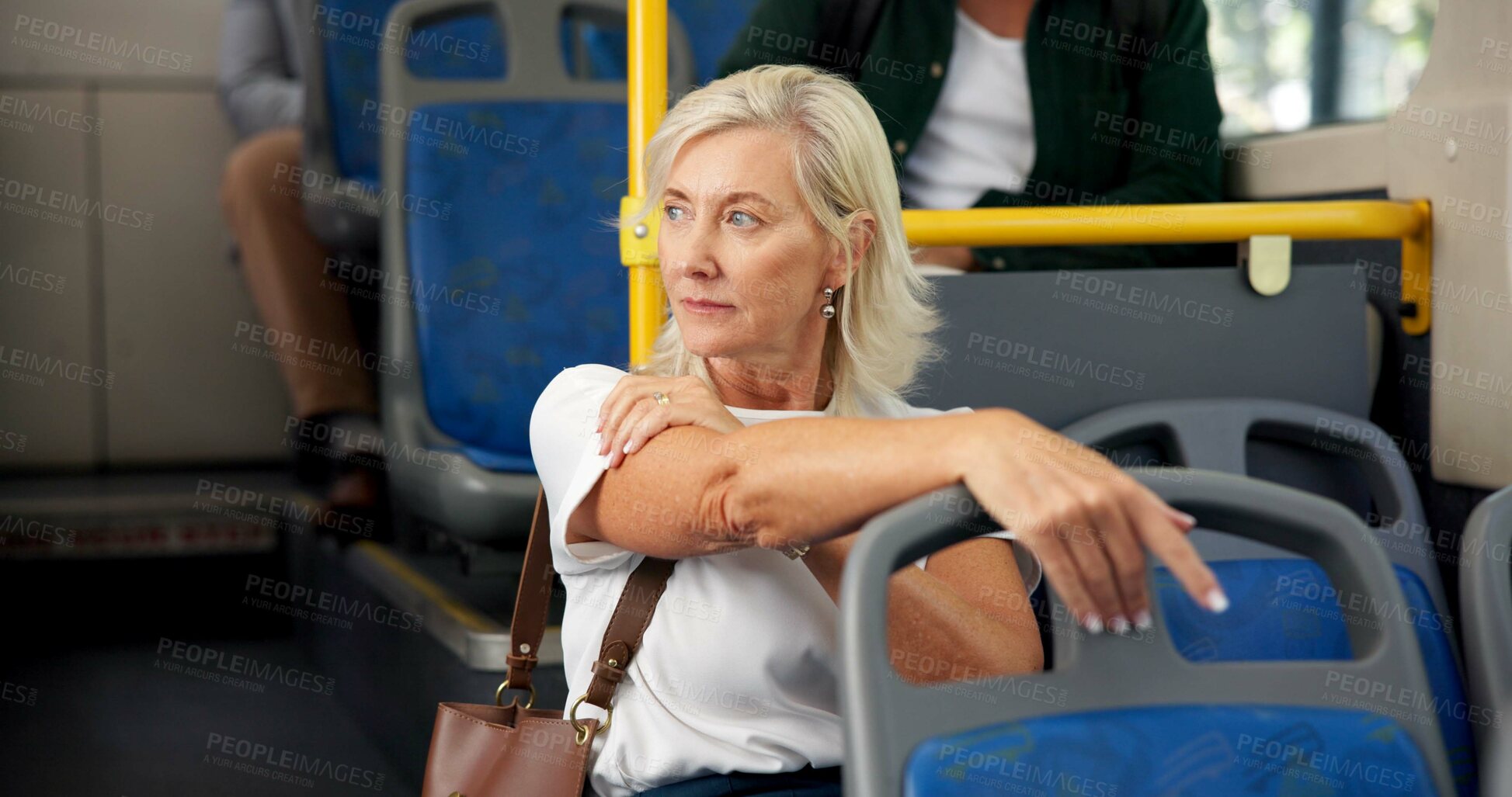 Buy stock photo Bus, thinking and business woman for travel, commute and journey to work in city. Public transport service, passenger and mature person on vehicle for trip, destination and traffic in urban town