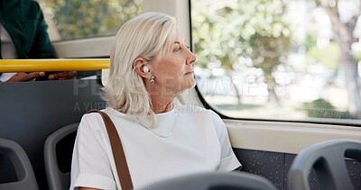Buy stock photo Bus, thinking and business woman by window for journey, commute and travel to work in city. Public transport, passenger and mature person in vehicle for trip, destination and traffic in urban town