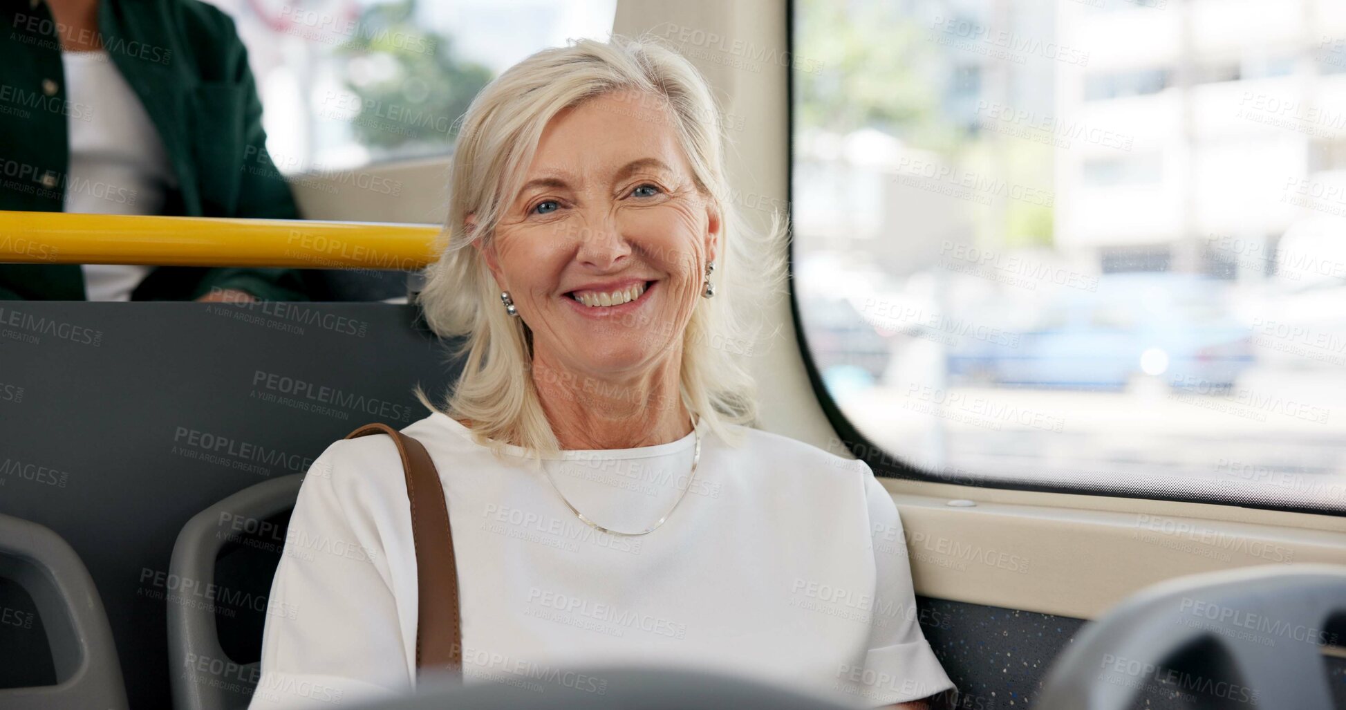 Buy stock photo Bus, happy and portrait of mature woman by window for journey, commute and travel to work in city. Public transport, passenger and business person on vehicle for trip, destination and traffic in town