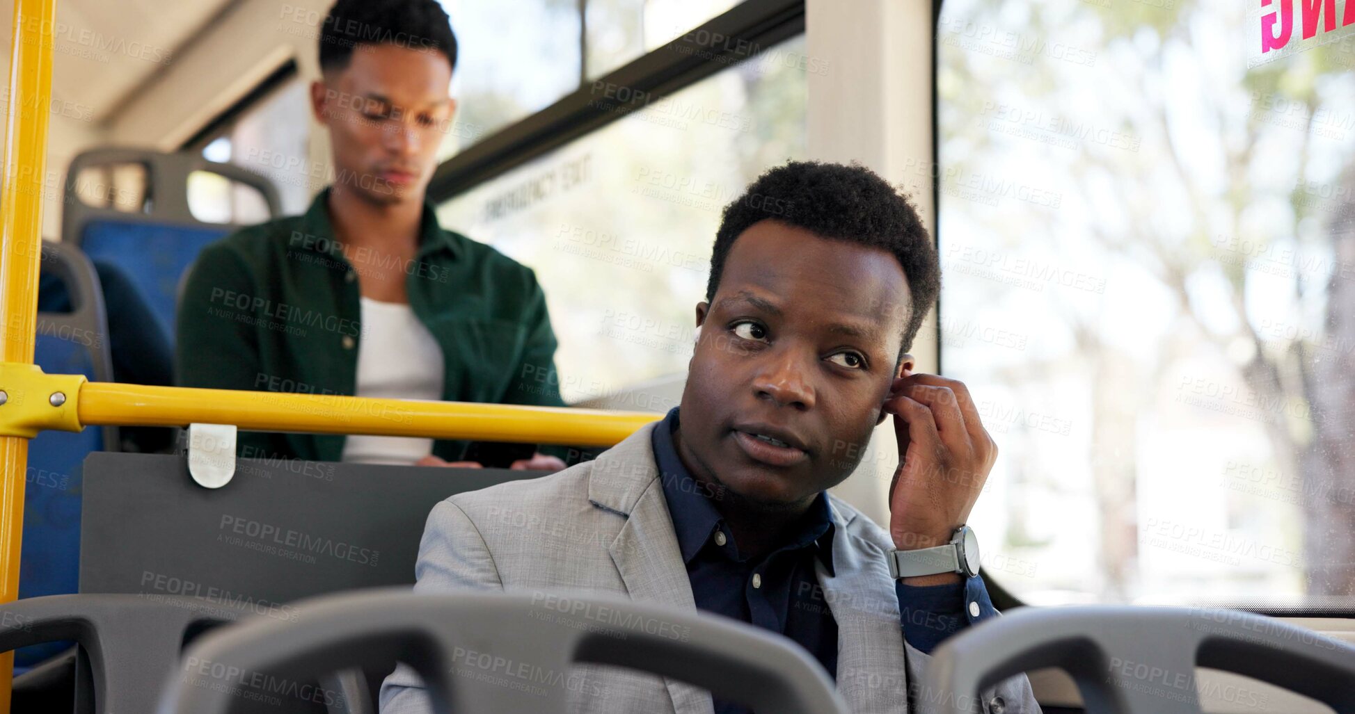 Buy stock photo Bus, business and black man by window with earphones for journey, commute and passenger in city. Public transport, travel and person on vehicle listening to podcast, audio and radio on trip in town