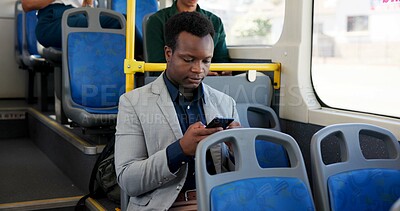 Buy stock photo Bus, people and man with cellphone, travel and communication with email. Public transport, mobile user and commute with employee, smartphone and digital app for chatting, social media and texting