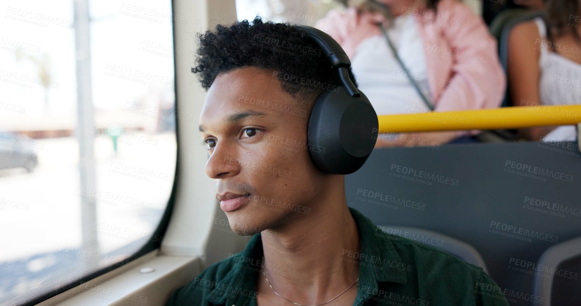 Buy stock photo Bus, thinking and man with headphones for journey, commute and travel listening to music in city. Public transport service, student and person on vehicle for trip to university, college and radio