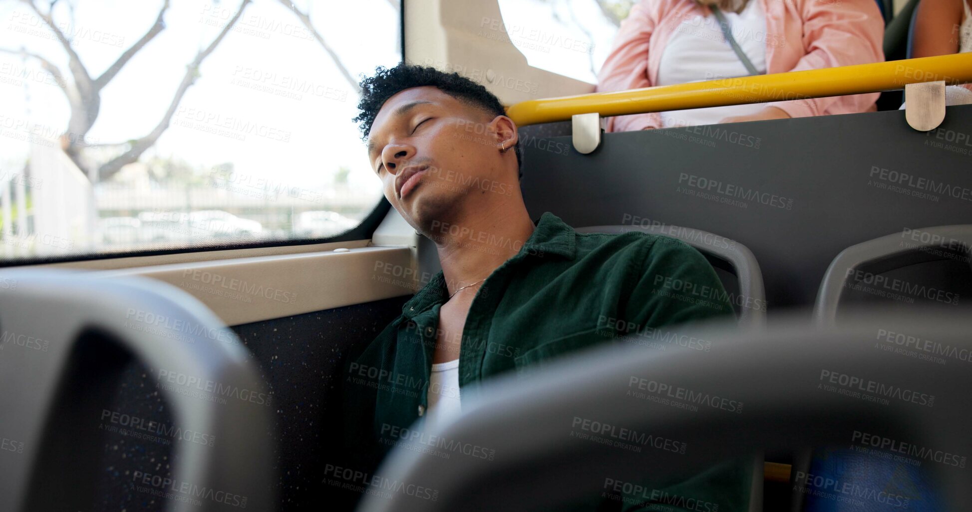 Buy stock photo Sleeping, bus and travel with man, tired and commute with urban journey, relaxing and calm. Public transportation, passenger or guy in city, exhausted and dream with fatigue or resting in New York 