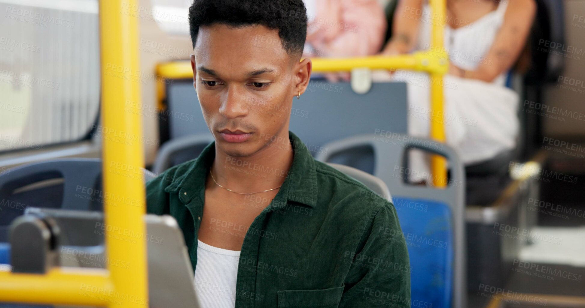 Buy stock photo Bus, people and man with tablet, online reading and communication with traffic report. Public transport, student and commute with passenger, tech and digital app for chatting, email and ebook
