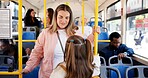 Bus, mother and child travel with transport for morning commute, conversation and school destination. Daughter, back and public service with woman for protection, journey support and talking on trip
