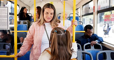 Buy stock photo Bus, mother and child travel with transport for morning commute, conversation and school destination. Daughter, back and public service with woman for protection, journey support and talking on trip