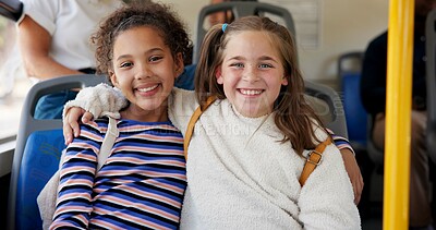 Buy stock photo Friends, children and happy with bus travel for school destination, morning commute or bonding together. Girls portrait, smile or backpack on public transportation for ride service or student journey