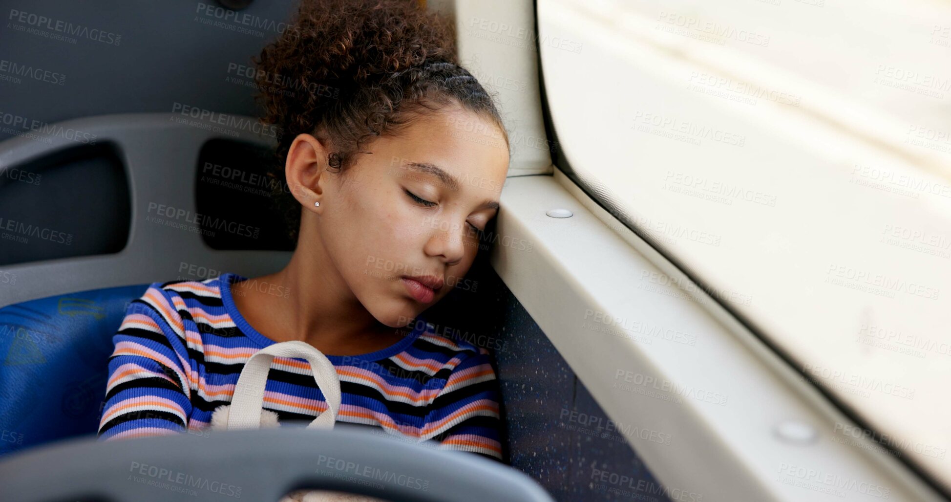 Buy stock photo Sleeping, bus and travel with girl, kid and commute with urban journey, resting and calm. Public transportation, passenger or child in city, exhausted and tired with fatigue or adventure in New York 