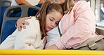 Mother, bus and sleeping with girl, travel and commute with passengers, resting and calm. Family, parent and mama with daughter, embrace and tired in city, fatigue and exhausted with break and relax