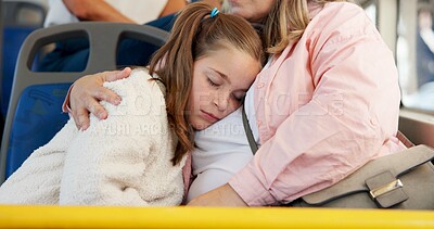 Buy stock photo Mother, bus and sleeping with girl, travel and commute with passengers, resting and calm. Family, parent and mama with daughter, embrace and tired in city, fatigue and exhausted with break and relax