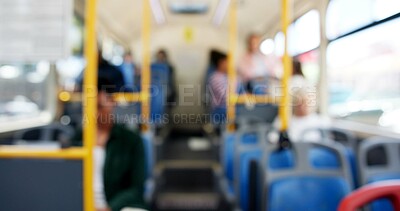 Buy stock photo Bus, blur and seats for driving with public transport, people and together on journey, route or commute. Vehicle, moving and ride with services for travel, tourism or traffic in morning on urban road