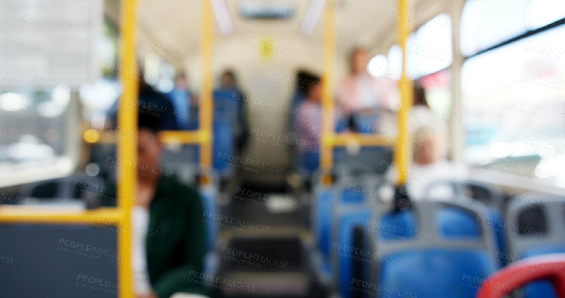 Buy stock photo Bus, blur and seats for driving with public transport, people and together on journey, route or commute. Vehicle, moving and ride with services for travel, tourism or traffic in morning on urban road
