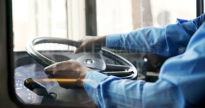 Buy stock photo Bus driver, hands and man with public transportation, window and urban journey with commute. Person, closeup and employee for city, steering wheel and route for pickup, travel or service with safety