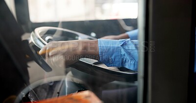 Buy stock photo Bus driver, hands and man with public transportation, travel and commute with career. Person, closeup and employee for city, steering wheel and route for pickup, urban journey or service with traffic