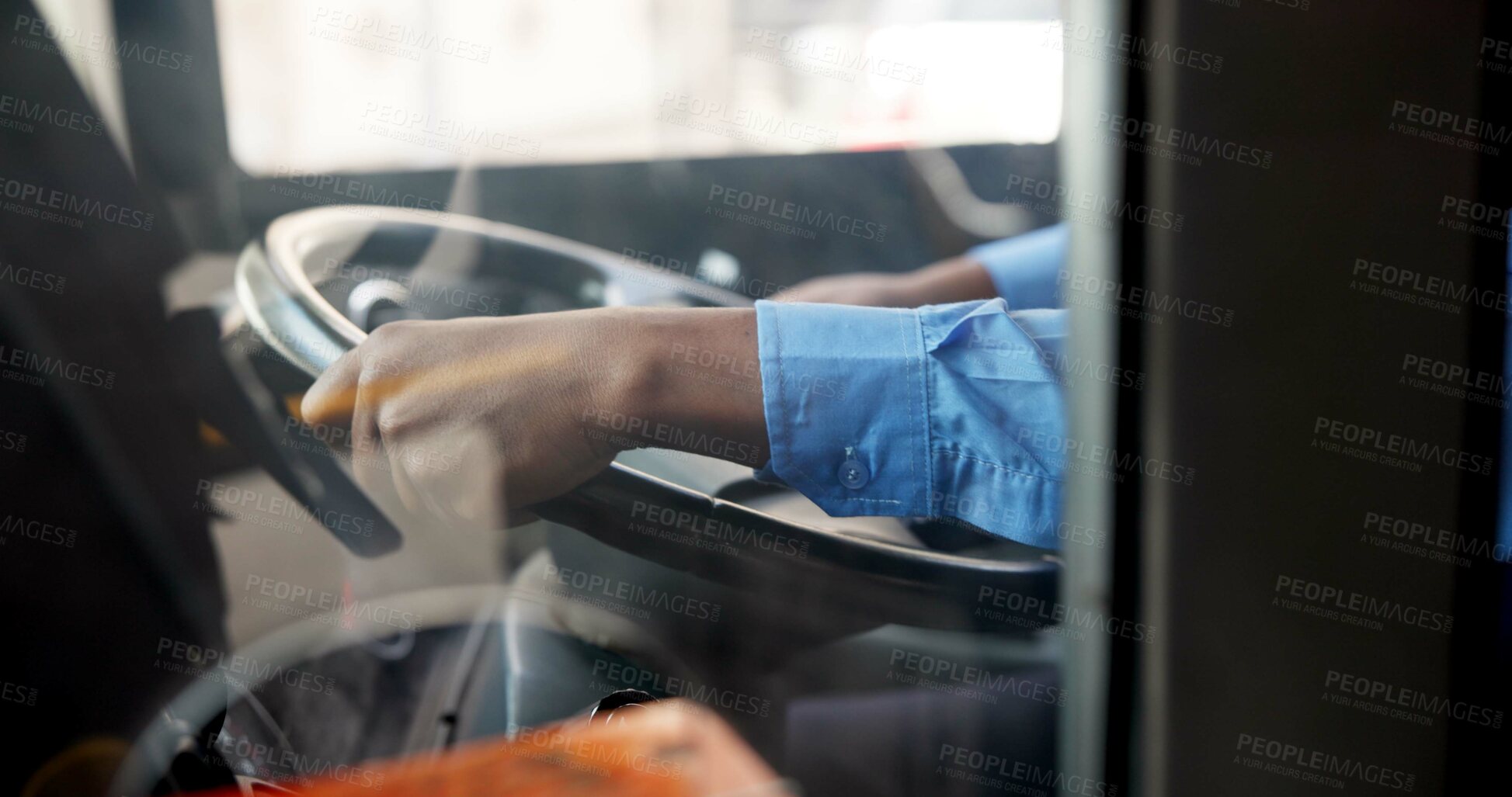 Buy stock photo Bus driver, hands and man with public transportation, travel and commute with career. Person, closeup and employee for city, steering wheel and route for pickup, urban journey or service with traffic