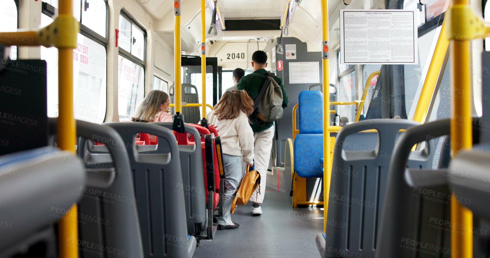 Buy stock photo Travel, transport and people exit bus for ride destination, passenger leaving and end of trip. Back, public service and stop at location to get off, morning commute and walking together with backpack