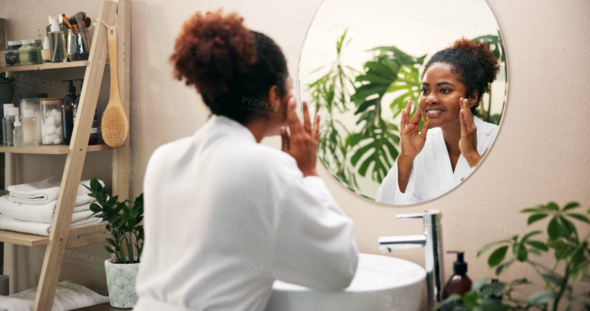Buy stock photo Skincare, woman and check face in mirror for hydration treatment results, natural beauty or skin glow. Reflection, african person and happy with routine inspection for grooming or dermatology in home