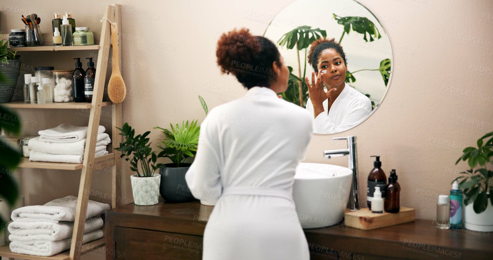 Buy stock photo Mirror, cream and black woman in bathroom, cosmetics and dermatology with morning routine. Person, home sand girl with creme, reflection and lotion with skincare, beauty and grooming with shine