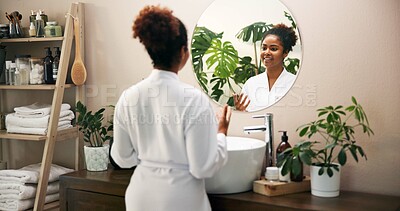 Buy stock photo Happy, beauty and woman in mirror of bathroom for morning routine, getting ready or self care maintenance. Reflection, african person or smile in home with hygiene, glowing skin and treatment results