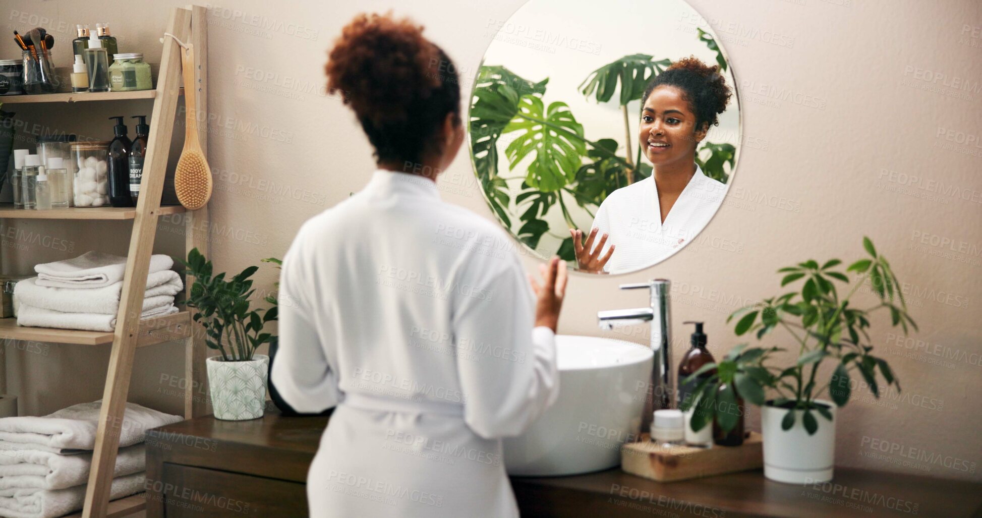 Buy stock photo Happy, beauty and woman in mirror of bathroom for morning routine, getting ready or self care maintenance. Reflection, african person or smile in home with hygiene, glowing skin and treatment results