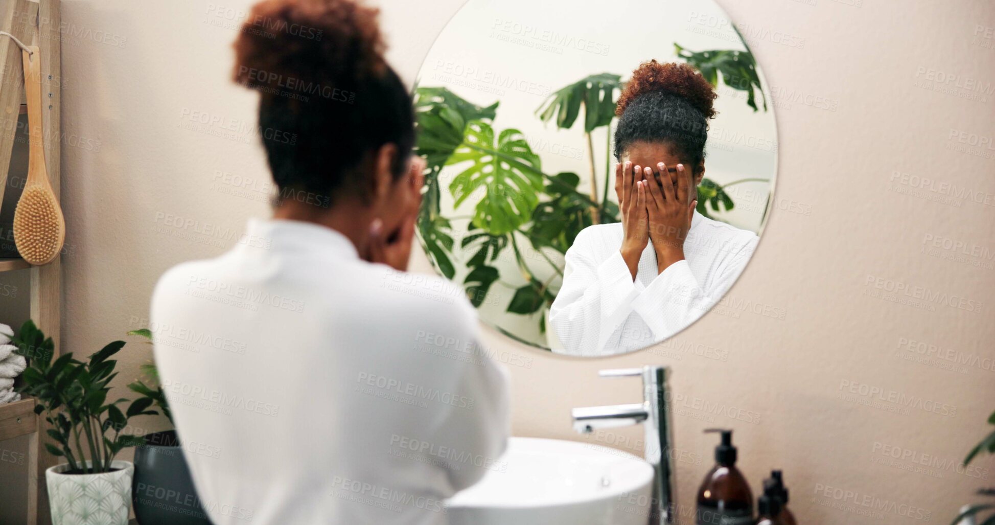 Buy stock photo Woman, face and wash with mirror for hygiene, skincare or morning routine in bathroom at home. Female person, dermatology or facial treatment with reflection for collagen or anti aging cosmetics