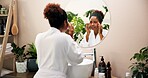 Skincare, mirror and woman with eye patches for morning routine, skin hydration and hyaluronic acid. Reflection, african person and beauty in home with vitamin c treatment and self care maintenance