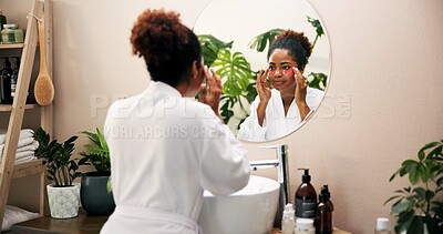 Buy stock photo Skincare, mirror and woman with eye patches for morning routine, skin hydration and hyaluronic acid. Reflection, african person and beauty in home with vitamin c treatment and self care maintenance