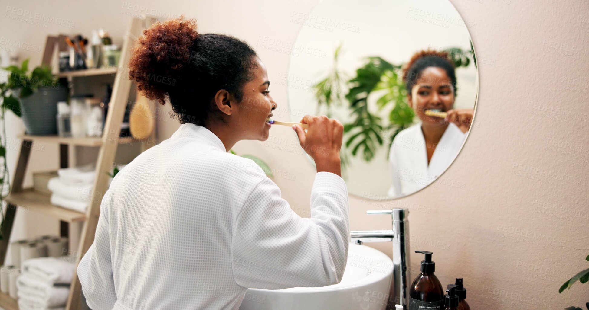 Buy stock photo Dental care, mirror and black woman brushing teeth in home for morning routine, fresh breath or healthy habit. Reflection, bathroom and getting ready with oral hygiene, mouth cleaning or gum disease
