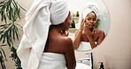 Beauty, woman and check face in mirror for collagen treatment results, natural skincare or hydration. Reflection, african person and morning routine for self care maintenance and skin hygiene in home