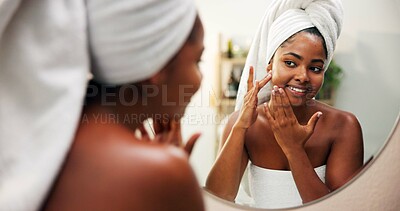 Buy stock photo Beauty, woman and face results in mirror for anti aging treatment glow, natural skincare or hydration. Reflection, person and happy with routine inspection for wellness, grooming or self care in home