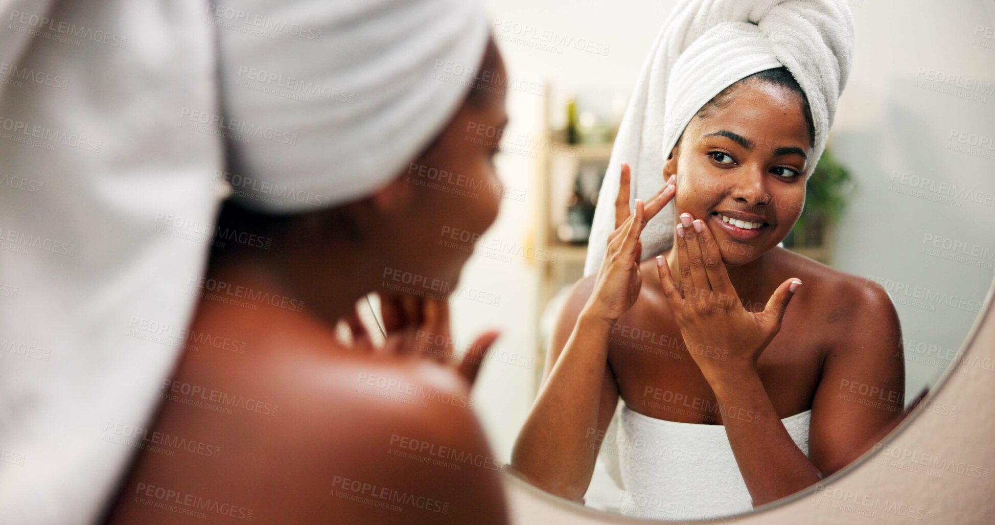 Buy stock photo Beauty, woman and face results in mirror for anti aging treatment glow, natural skincare or hydration. Reflection, person and happy with routine inspection for wellness, grooming or self care in home