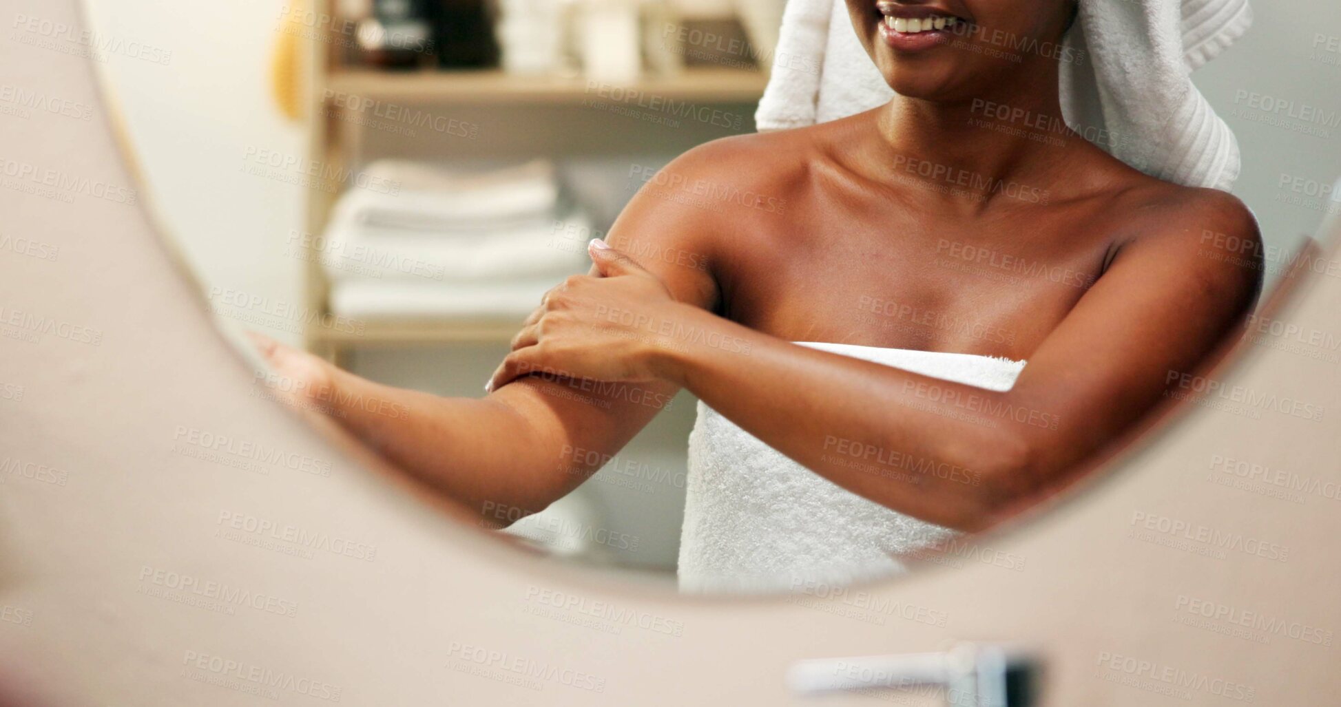 Buy stock photo Body care, mirror or woman with lotion application in bathroom for skin hydration, moisturizer or getting ready. Reflection, person or skincare for natural beauty, morning routine or selfcare in home