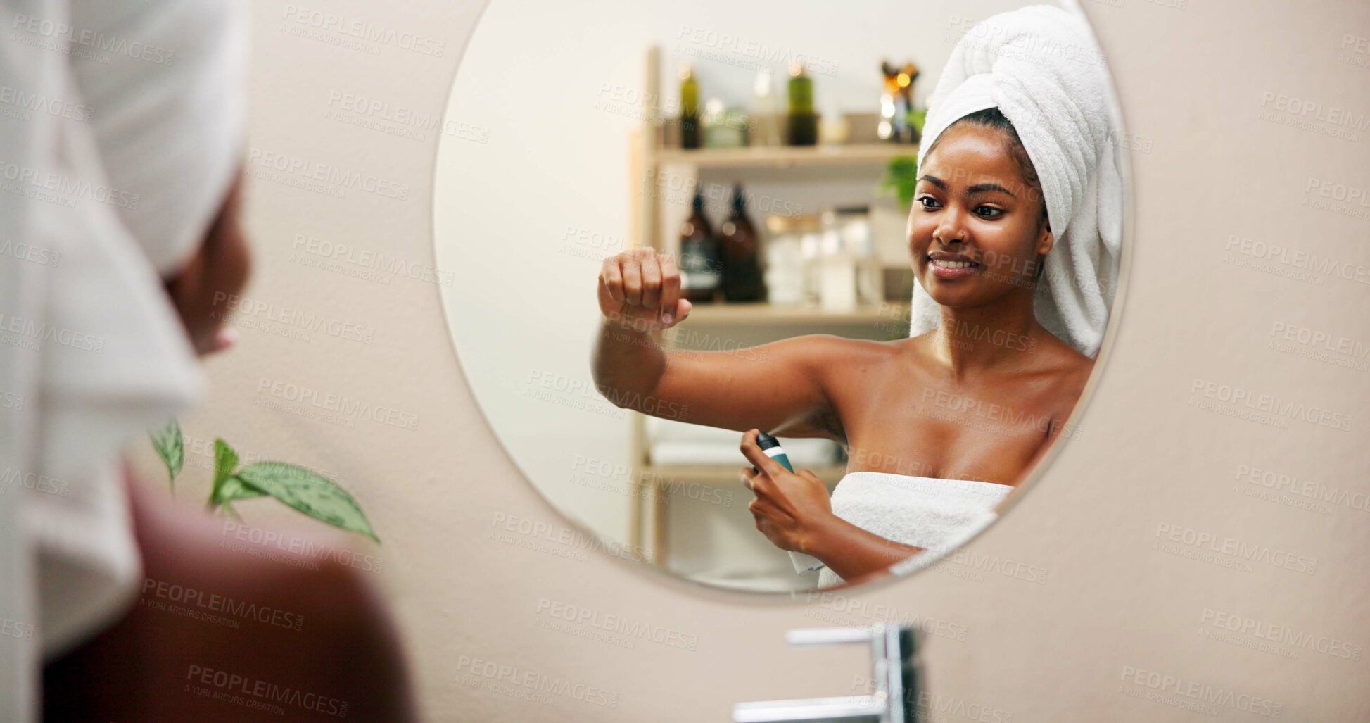 Buy stock photo Body care, deodorant and woman with spray in mirror for odor control, fresh smell or getting ready in bathroom. Reflection, person or grooming routine in home for underarm hygiene and clean fragrance