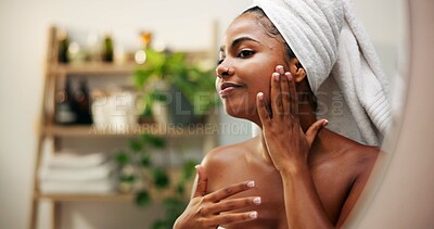 Buy stock photo Cosmetics, girl and check face in mirror for hydration treatment results, natural beauty and skincare. Reflection, person and happy with morning routine inspection for grooming and skin glow in home