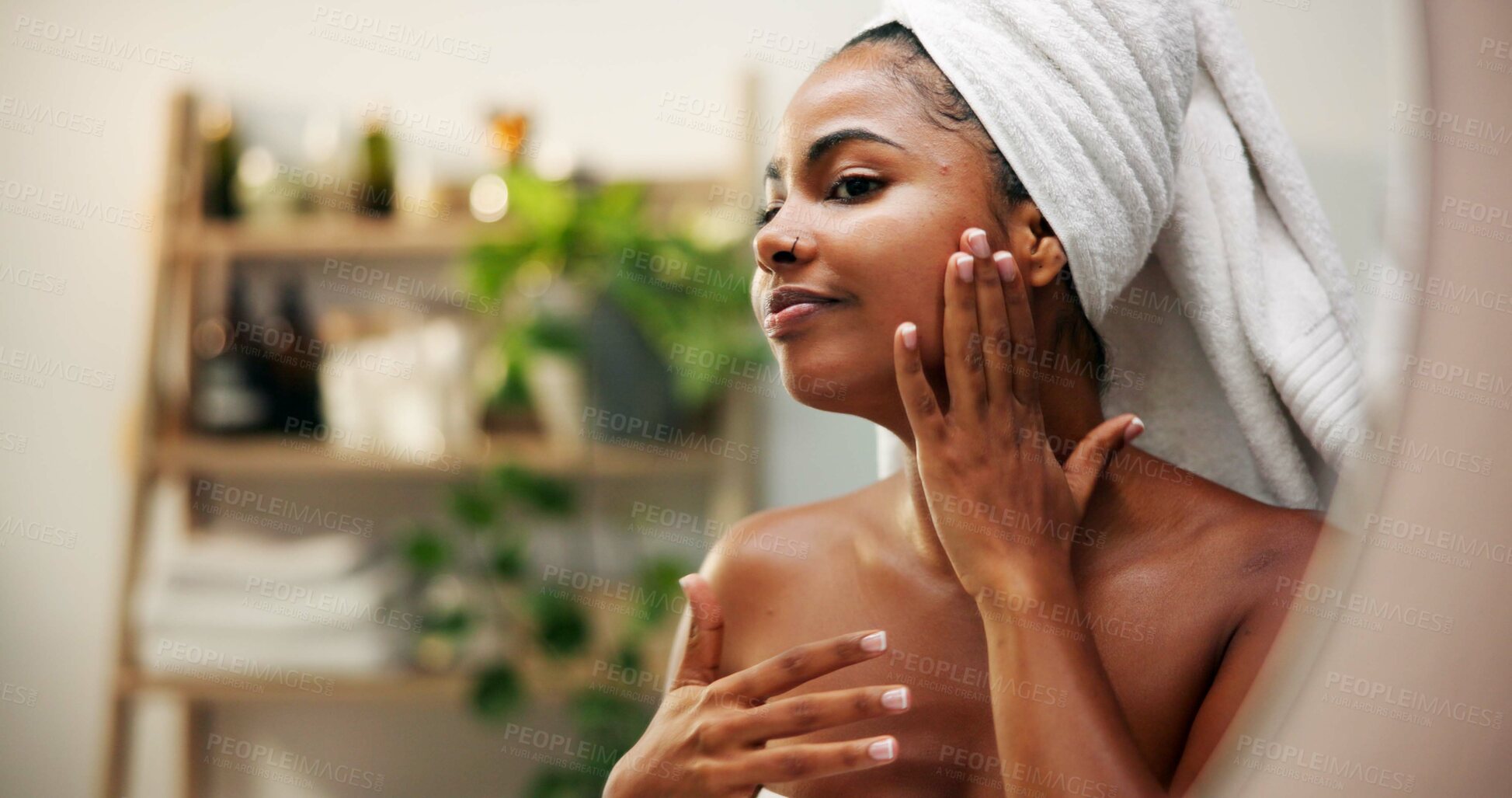 Buy stock photo Cosmetics, girl and check face in mirror for hydration treatment results, natural beauty and skincare. Reflection, person and happy with morning routine inspection for grooming and skin glow in home