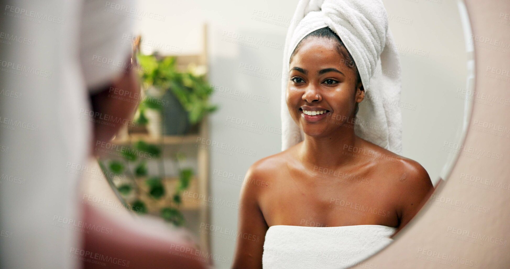 Buy stock photo Happy, skincare and woman in mirror of bathroom for morning routine, getting ready or hydration treatment results. Reflection, person or smile in home with hygiene, glowing skin or cosmetic self care