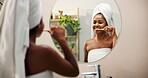 Oral hygiene, mirror and woman brushing teeth in home for morning routine, fresh breath or plaque removal. Reflection, girl and getting ready in bathroom with dental care, mouth health or gum disease