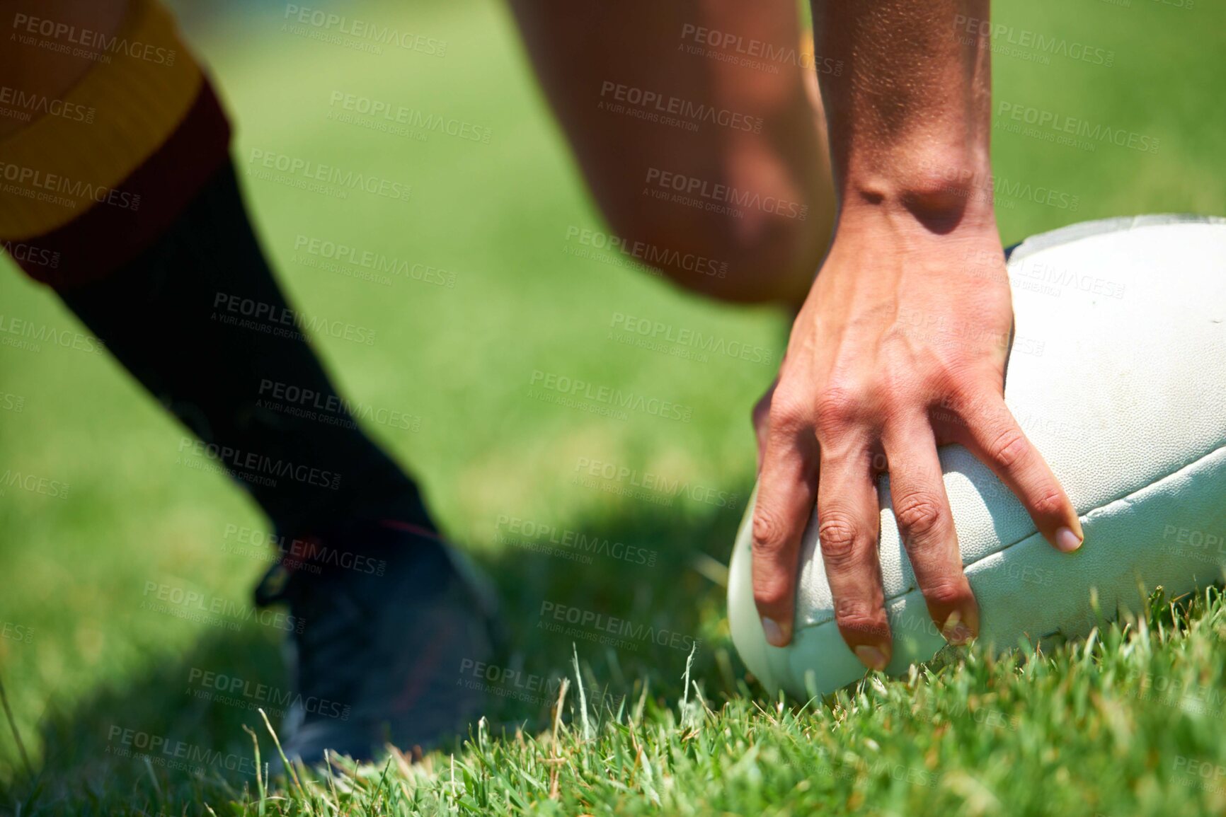 Buy stock photo Fitness, sports and men on a field for rugby, ball or tackle action, game or power outdoor. Energy, handball and male team at a park for competitive, training or practice, workout or active challenge