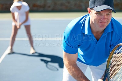 Buy stock photo Tennis match, fitness and team in outdoors, competition and playing on court at country club. Couple, training and exercise or racket for game, performance and practice or collaboration for game