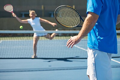 Buy stock photo Tennis match, fitness and people in outdoors, competition and playing on court at country club. Athlete, training and exercise or racket for game, performance and practice or workout and challenge