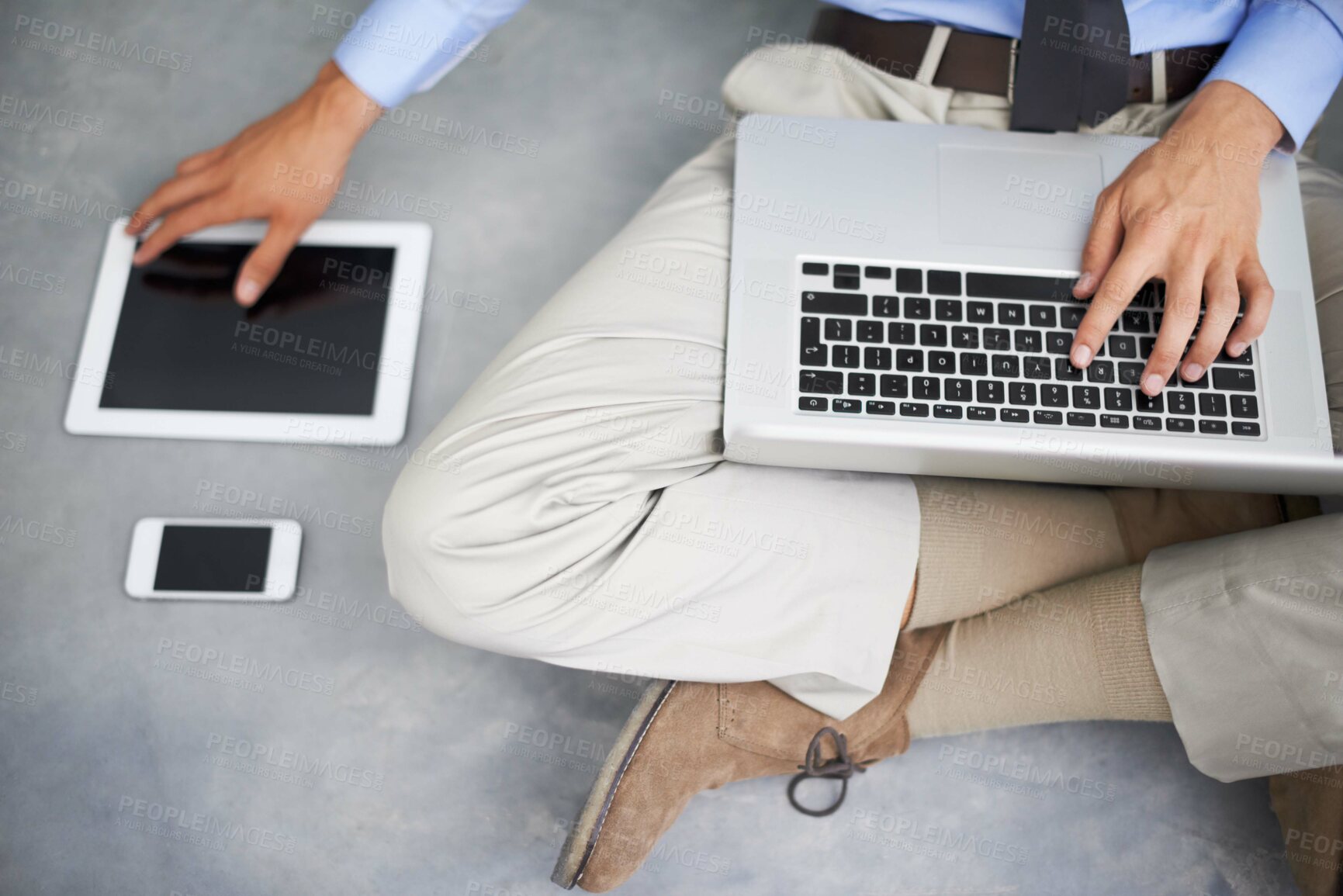 Buy stock photo Laptop, tablet and hands of man with technology, phone and mobile tech for online research, internet search or business. Typing project, UI screen or top view of professional person sitting on floor 