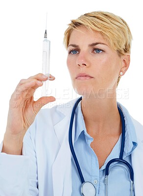 Buy stock photo Woman, doctor and syringe for immunity or vaccine in studio, healthcare and treatment for disease. Medical professional, injection and virus prevention or medication and needle by white background
