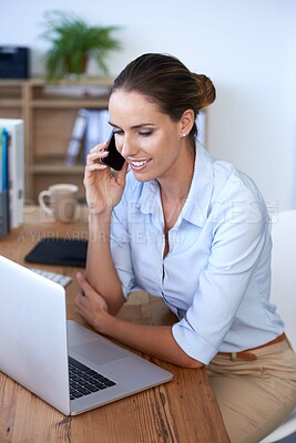 Buy stock photo Phone call, happy woman and laptop in office for planning, consulting and communication. Female worker talking on smartphone at computer for networking, business administration and online management
