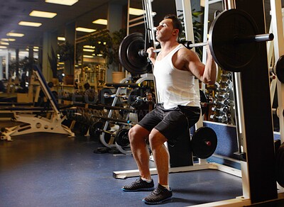 Buy stock photo Gym equipment, barbell exercise and man exercising for strength training, muscle building commitment or performance. Fitness motivation, club workout challenge and male athlete weightlifting