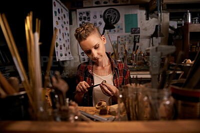 Buy stock photo Artist, woman and tools with woodwork in workshop with craftsmanship, knife and handmade design with creativity. Wood, carpenter or creative person at workspace with equipment for handicraft or hobby