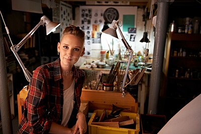 Buy stock photo Artist, studio and portrait of woman in workshop for creative sculpture or project at night. Artisan, workplace or person with pride or confidence as carpenter with talent for working with tools