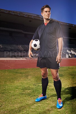 Buy stock photo Man, stadium and think with soccer ball for training with workout or practice for tournament in France. Male person, player and exercise for sport or football  career, fitness and game or match