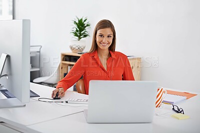 Buy stock photo Professional, portrait and happy woman at computer or desktop in office with creative web developer. Website, designer or person with research on internet for development of company software and erp 