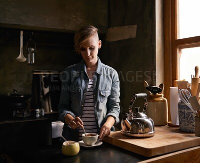 Buy stock photo Morning, tea and woman in kitchen prepare drink for calm break and routine process in home. Healthy, matcha or person in house with breakfast beverage to start day on holiday or vacation and relax